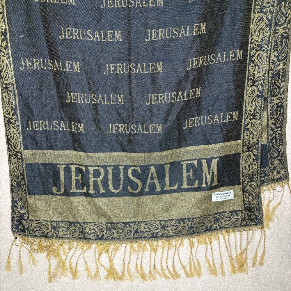 Cashmere Jerusalem Fringe Women’s Scarf Dark Gray & Tan 68” x 26” Shawl 100% EUC - Picture 3 of 5